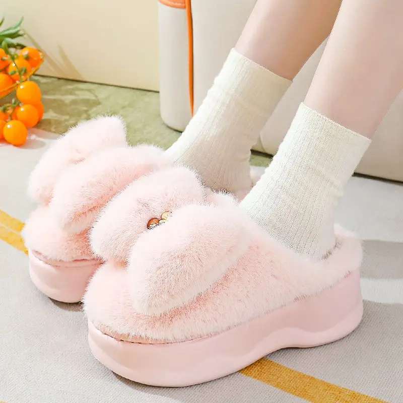 

New Winter Women Slippers Bowknot Thick Furry Slippers Girls IndoorPlush Fur Solid Slides Flats Kawaii Comfy Soft Cotton Shoes