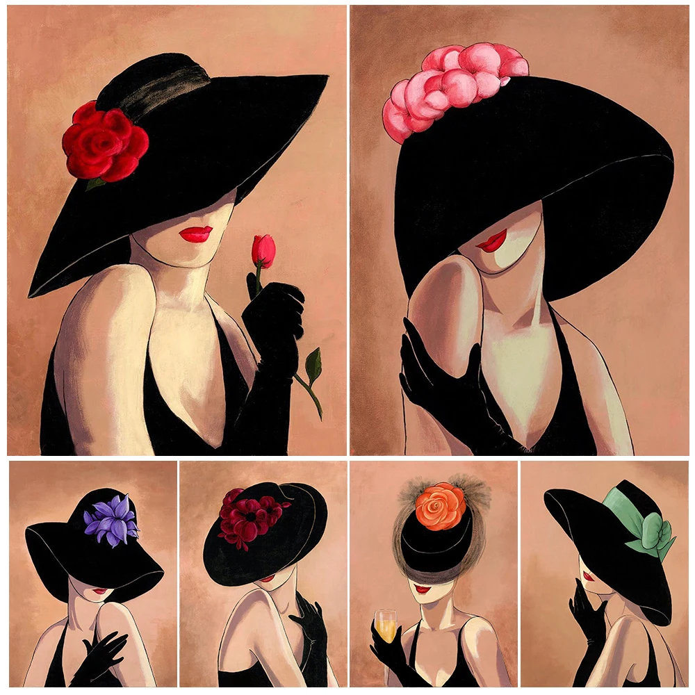 

Vintage Girl Modern Elegant Woman with Hat Poster Wall Art Canvas Painting Home Decor Wall Pictures For Living Room Unframed