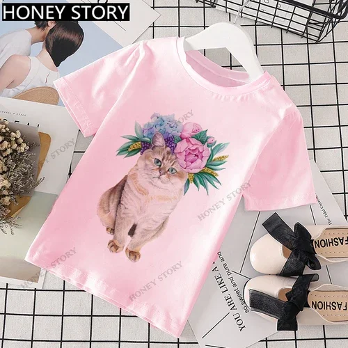 Cartoon Cats Kid Pink T Shirt Cartoon Cat Print Western Style T-shirt Short Sleeve for Boys and Girls Stranger Things Clothes