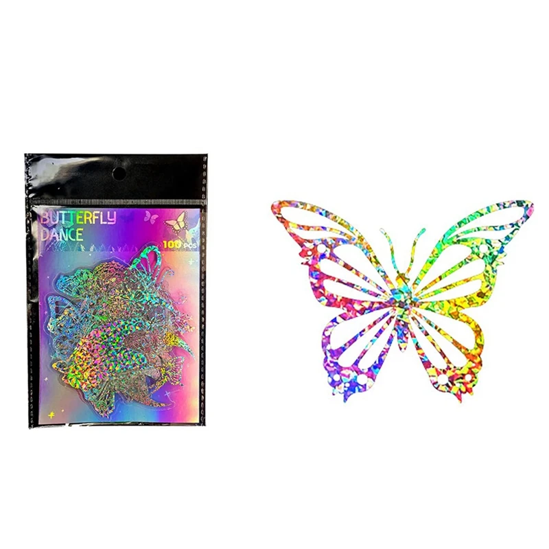 【】100Pcs Holographic Glitter Butterfly Stickers, Vintage Butterfly Waterproof Transparent Decorative Decals