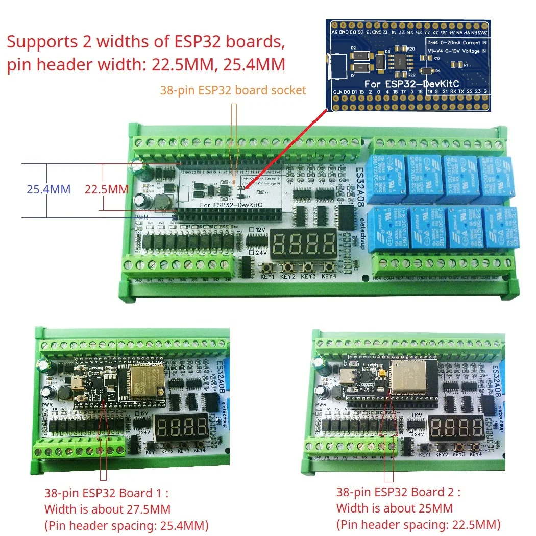 아날로그 컬렉션 와이파이 릴레이 스위치 DIY 확장 보드, 8AI-8DI-8DO DC 12V 24V ESP-WROOM-32 ESP32, RS485 4-20MA 0-5V 0-10V