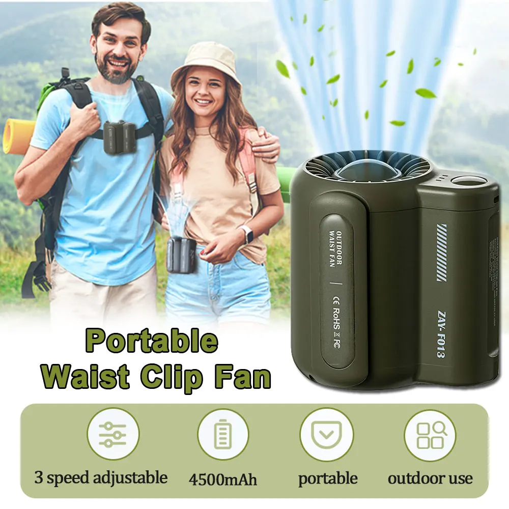 Portable Waist Belt Fan w/Clip USB Rechargeable ​Mini Hand Fans 3-Speed ​​Adjustable Wearable Camping Fan For Outdoor Sports