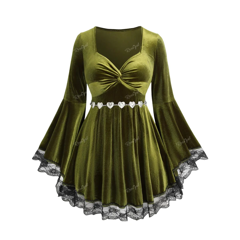 

ROSEGAL Plus Size Lace Trim Velvet T-shirt 2023 Women Autumn Heart Chain Twist Flare Sleeves Tops Green Elegant Streetwear Tees