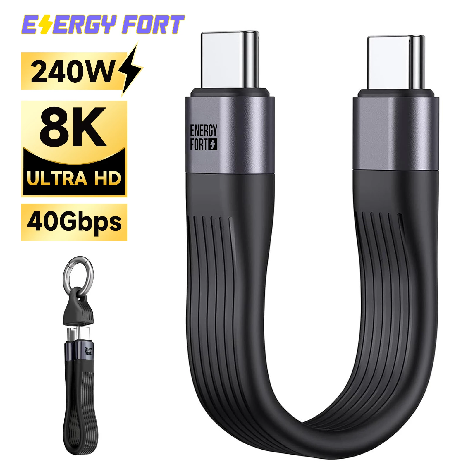 Câble USB C court PD 240W USB 4.0, cordon porte-clés 40Gbps, transfert de données 8K 60Hz, affichage vidéo Thunderbolt 3/4 pour appareil de Type C