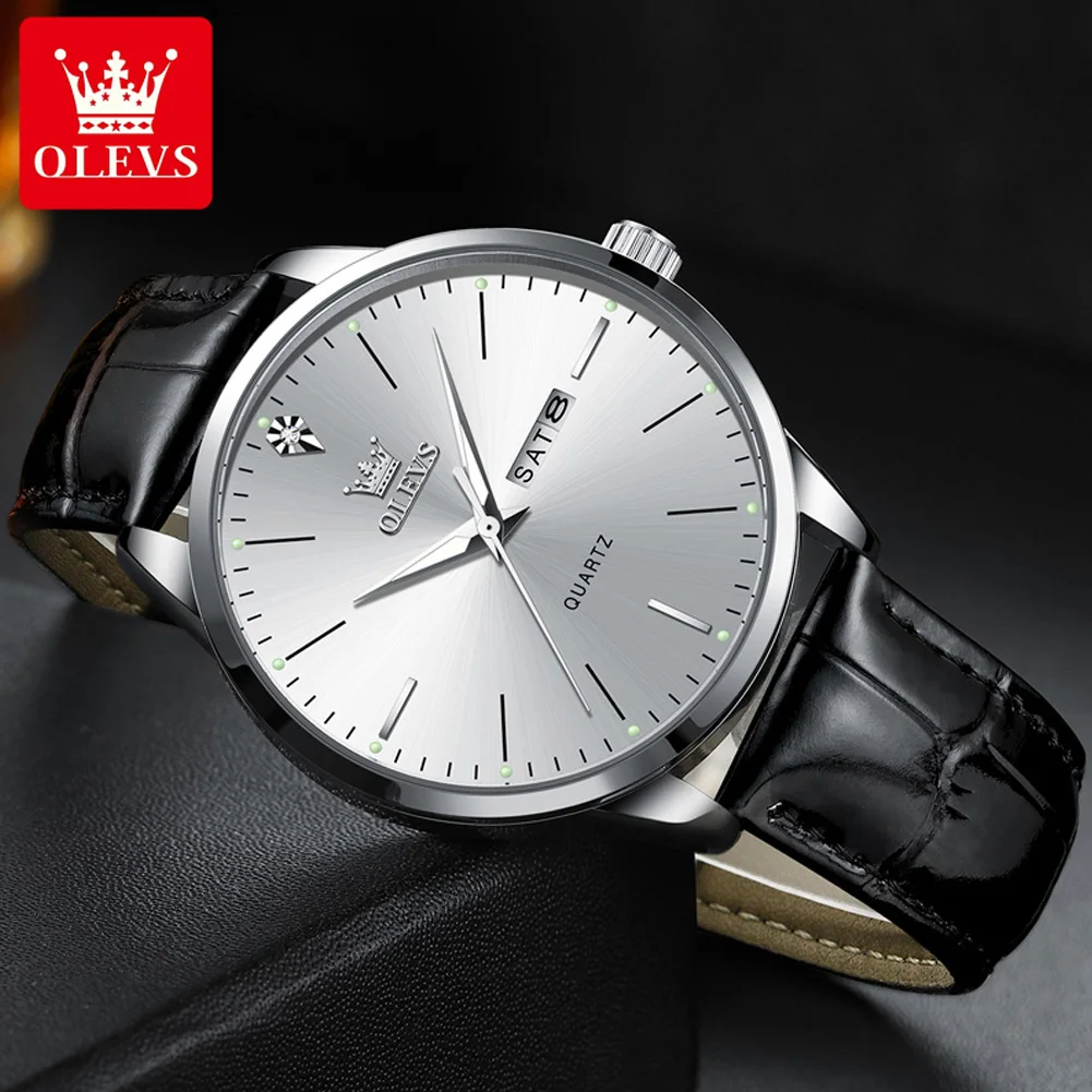OLEVS 2935 Men's Watch Dual Calendar Waterproof Luminous Quartz Watch For Men 43mm Big Dial Leather Fashion Business Wristwatch
