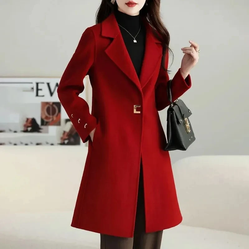 

2024 Autumn Winter Mid Long Woolen Women Jacket New Temperament Fashion Slim Woolen Female Coat Suit Collar Ladies Overcoat Tops