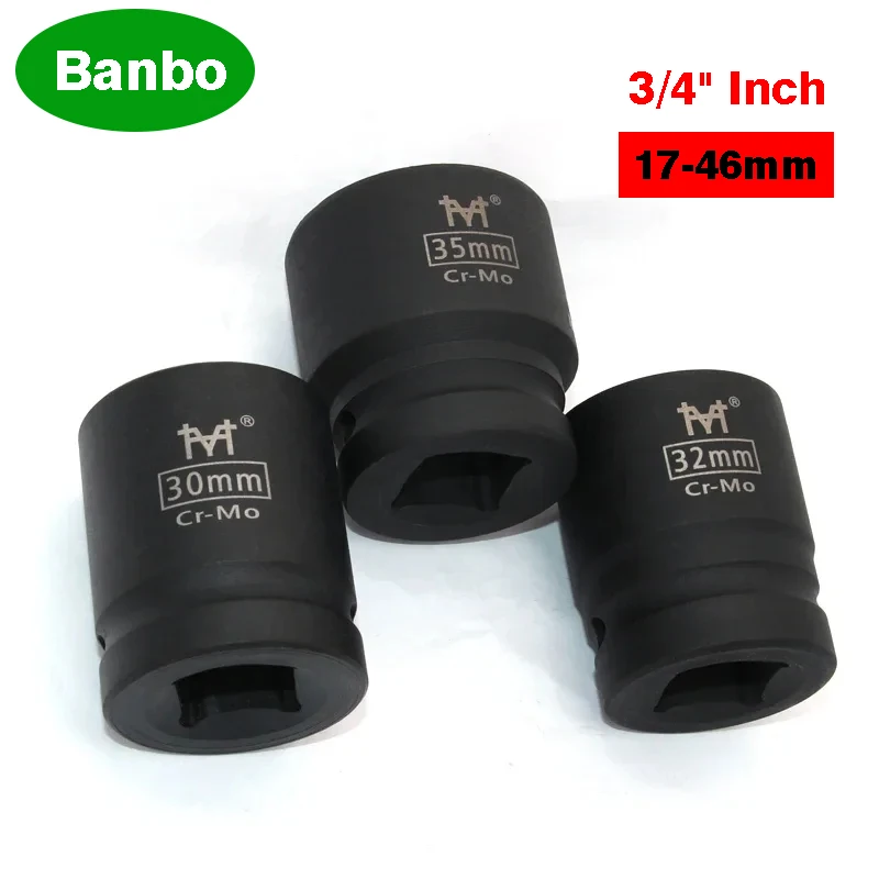 

3/4" Inch CR-MO Impact Socket Heavy Duty 17mm 18mm 19mm 21mm 22mm 24mm 27mm 30mm 35mm 38mm 41mm 46mm Hex Black Air Sockets