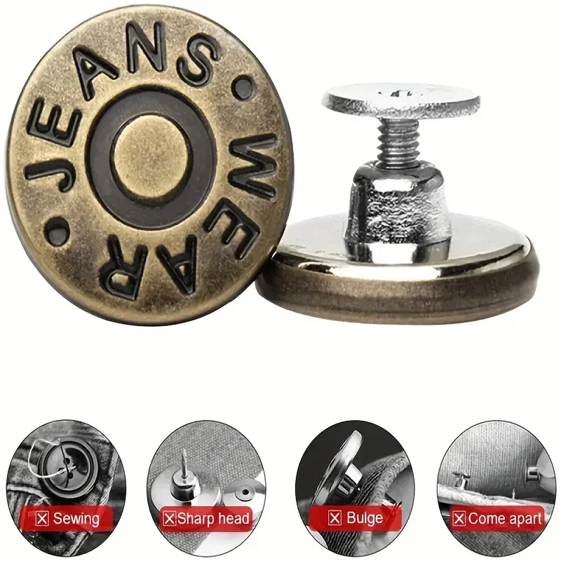 Vintage Metal Buttons for Jeans, Shrink Waist Size, Easy to Install, Detachable and Reusable, Denim Jacket Decoration, 10 PCs