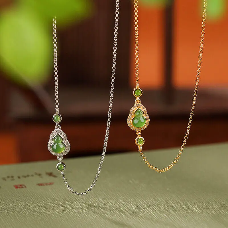 

Real 925 Sterling Silver Cable Link Chain With Natural Green Jade Gourd Necklace