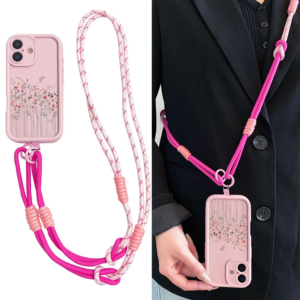 Floral Crossbody Lanyard Phone Case with Necklace Strap and Wrist Chain Cover