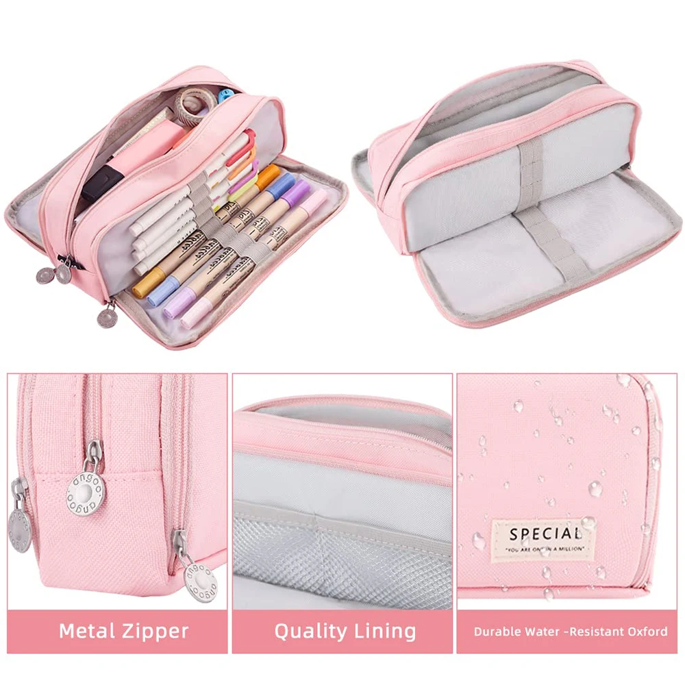 Large Capacity Pencil Cases 3 Compartment Pouch Pen Storage Bag Double Side Opening Student Stationery Organizer School Supplies