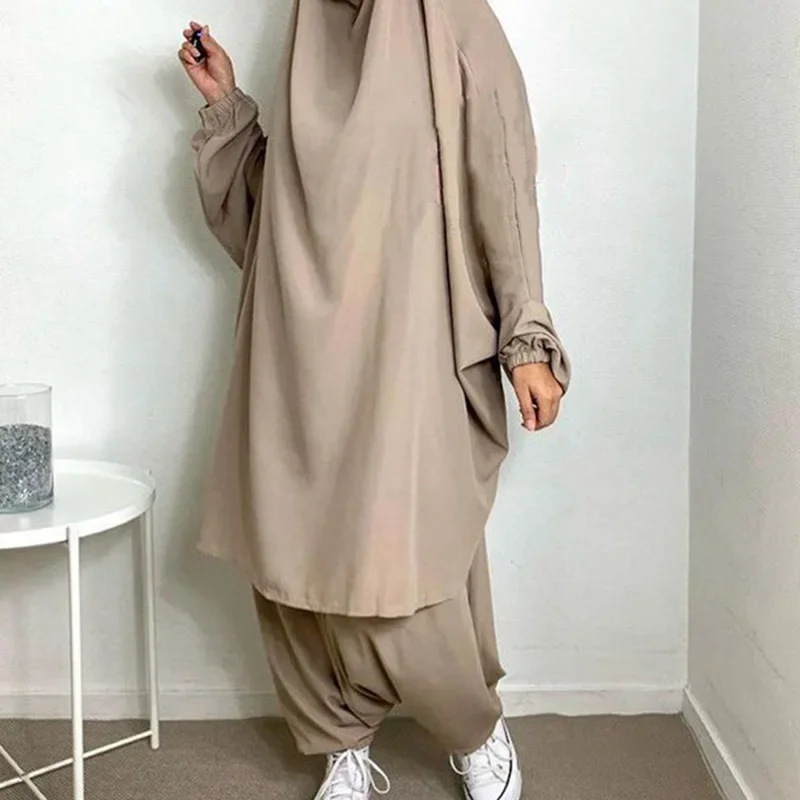 Ramadan Djellaba 2 Piece Muslim Sets Paryer Garment Abaya Women Long Khimar Hijab Dress Pant Suits Abayas Islamic Clothing Niqab
