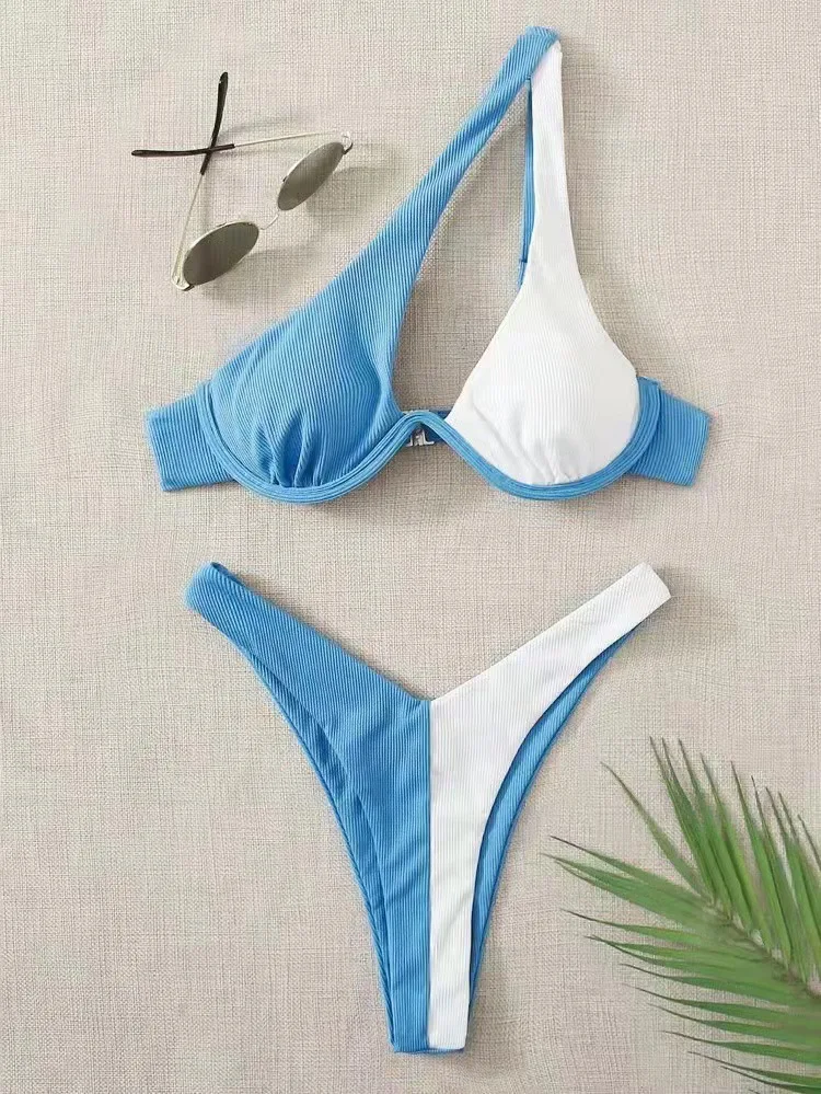 Bikini brasileño de dos piezas de lujo, traje de baño de dos piezas Con aros, realce, un hombro recortado, Tanga, 2024 - Imagen 4