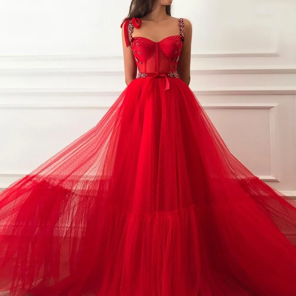 

Saudi Arabic Muslim Sweetheart Crystal Straps Red Evening Dresses A Line Long Tulle Evening Dress Formal Party Gown