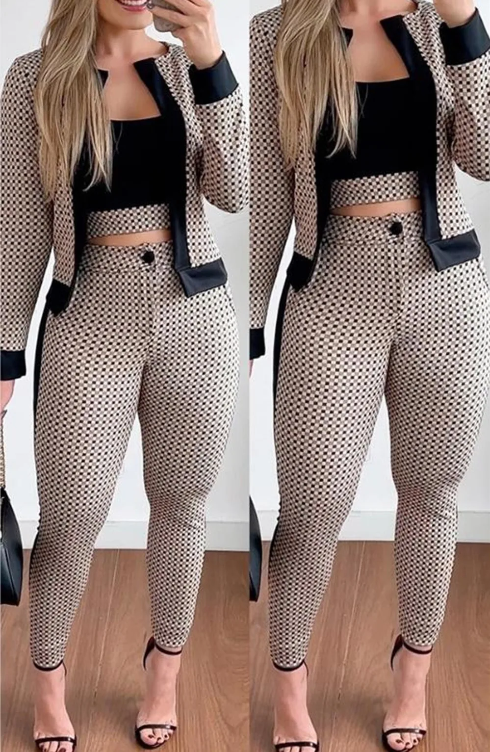 Two Piece Set Women Outfit Elegant Office Lady Plaid Print Open Front Long Sleeve Coat High Waist Pants Set With Crop Top Spring