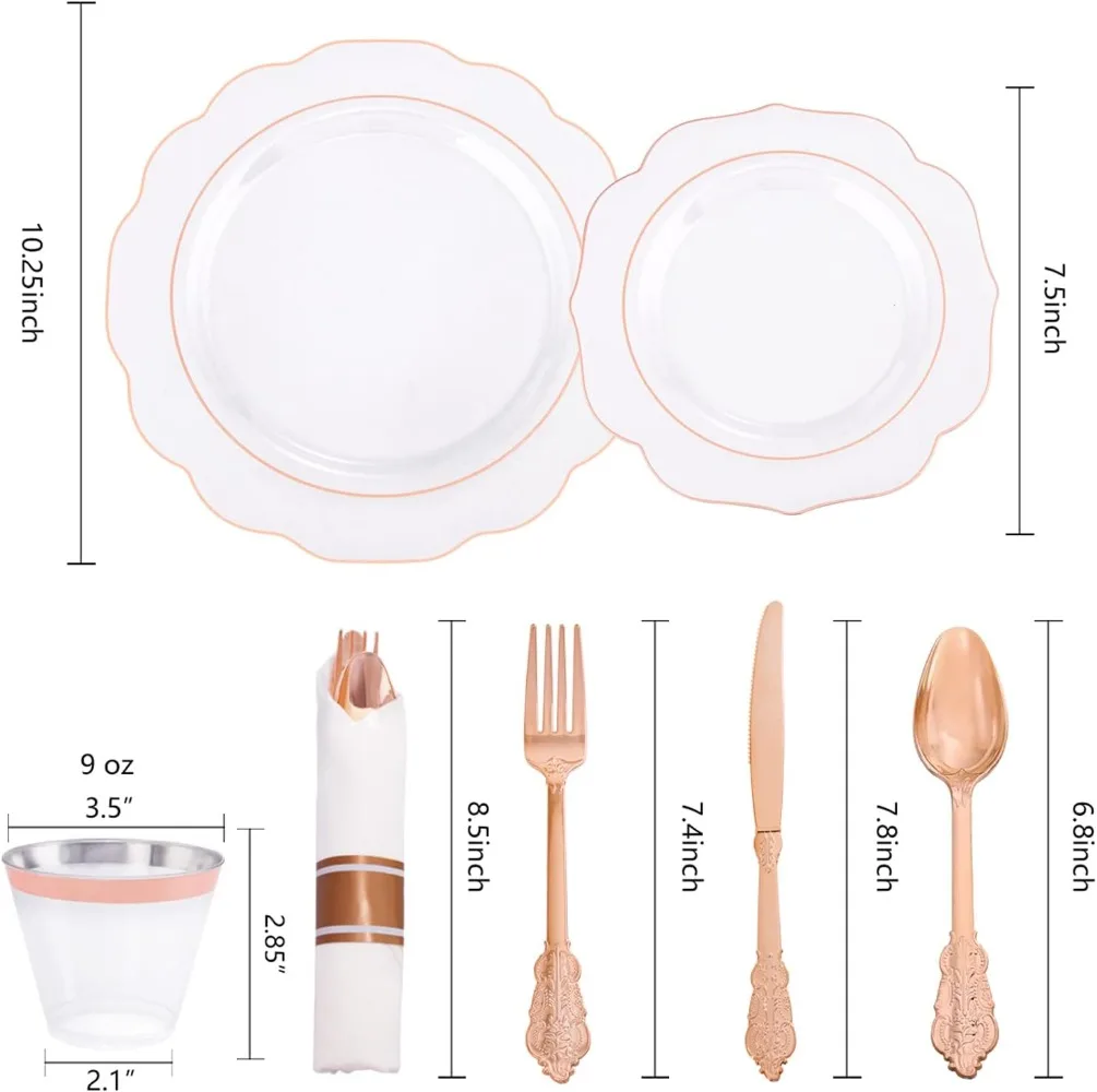 NOCCUR 350pcs Rose Gold Plates-Disposable Pre Rolled Napkin and Rose Gold Plastic Silverware-Clear Rim Plastic