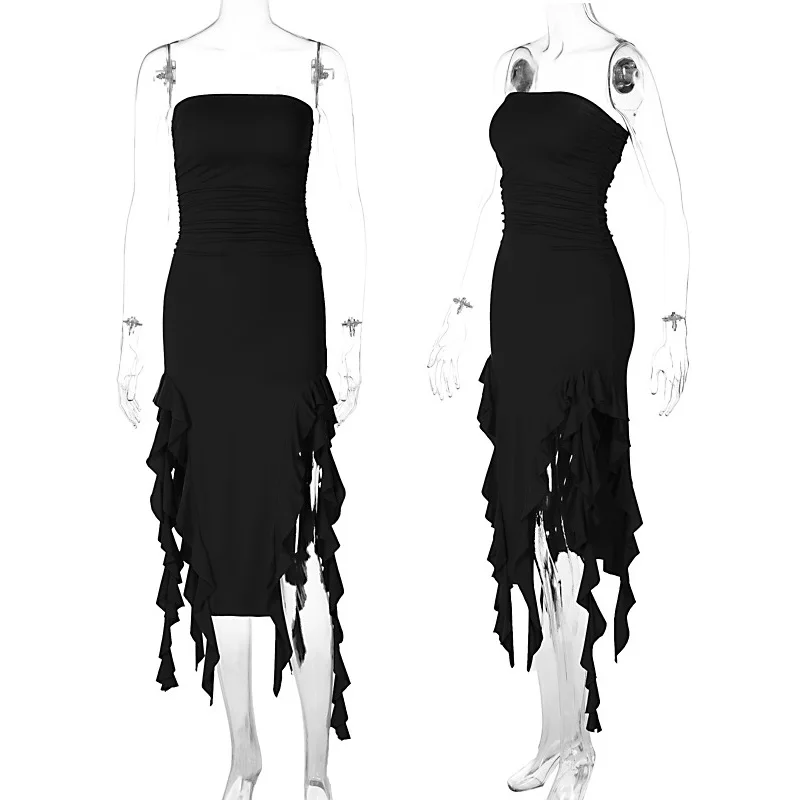 Sexy Strapless Ruffled Dress Women Irregular Tassel Summer Trend Skinny Split Maxi Dresses Bodycon Party Clubwear