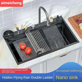 Waterfall Kitchen Sink Nanometer 304 Stainless Steel Large Single Slot Kitchen Accessories Waterfall Faucet Vegetable Basin 1