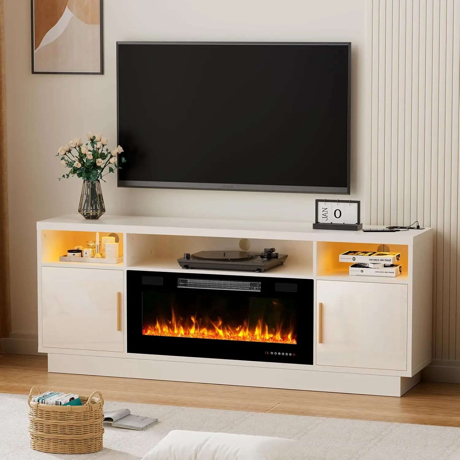 Description Picture 6 of item70'' TV Stand with 36'' Fireplace-LED Light Entertainment Center for 75+ inch TV-White TV Cabinet with Storage