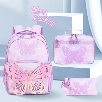 3-Piece Butterfly Pattern Girl's Backpack Set Student School Bag with Tote Pouch Waterproof Bookbags Kawaii Dreamy Schoolbag Set 1