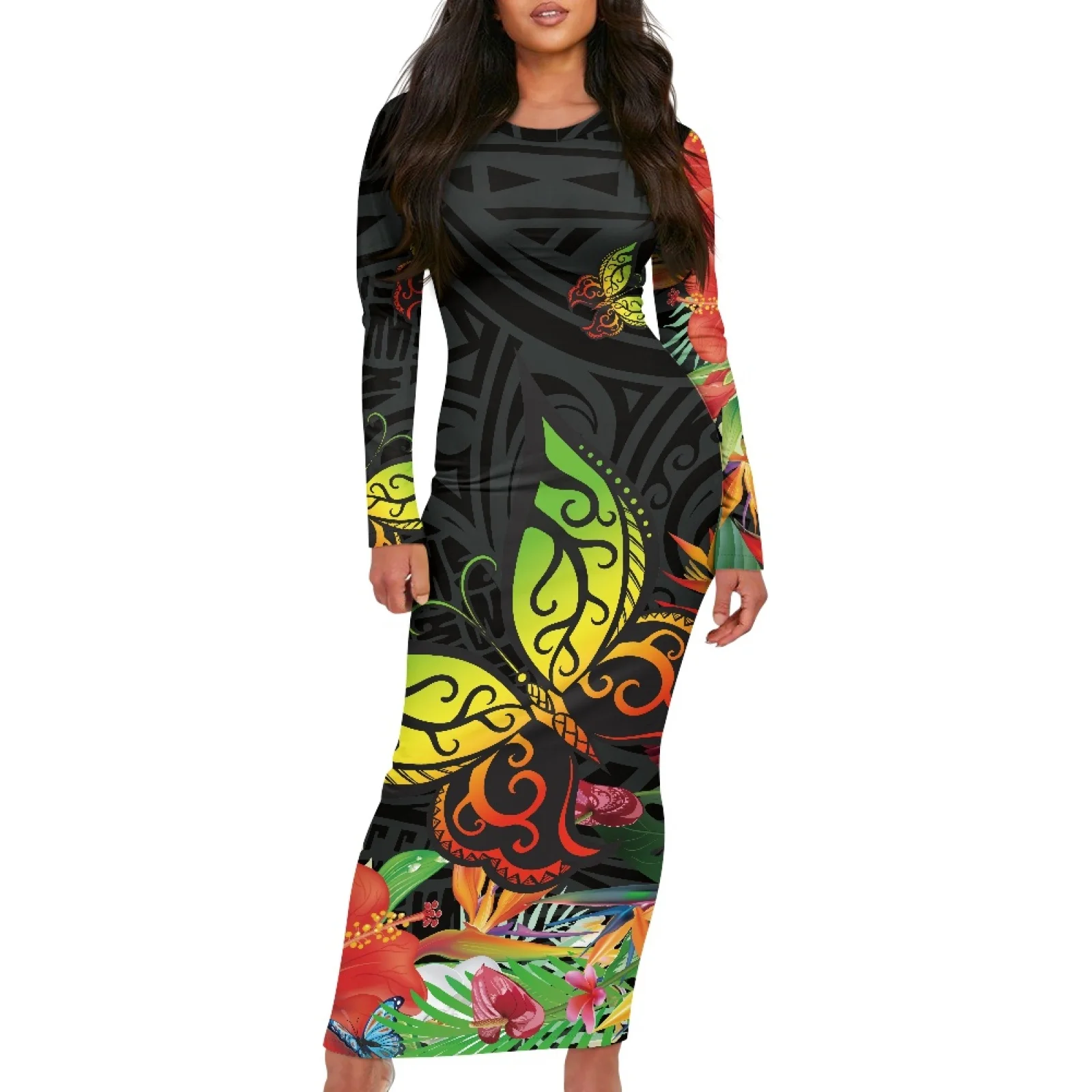 

Polynesian Tribal Pohnpei Totem Tattoo Tropical Butterfly Prints Colorful Bright Flowers Rear Split Autumn Party Dress Bodycom
