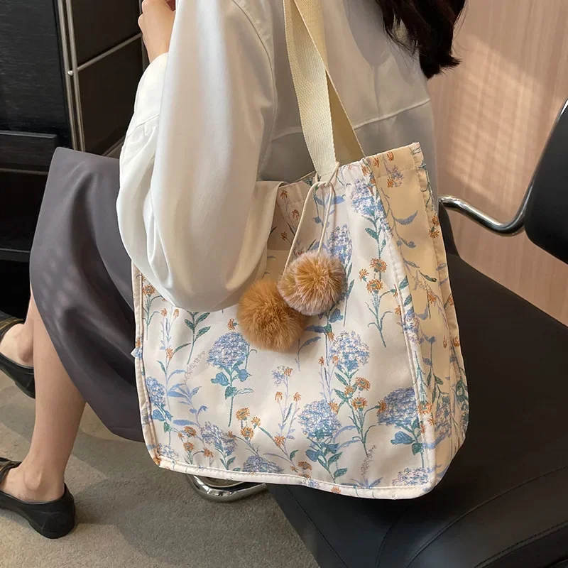 꽃 프린트 여성 숄더백, 대용량 핸드백, 학생용 캔버스 북 토트, 펜던트 포함, 패션 쇼핑, 2023 