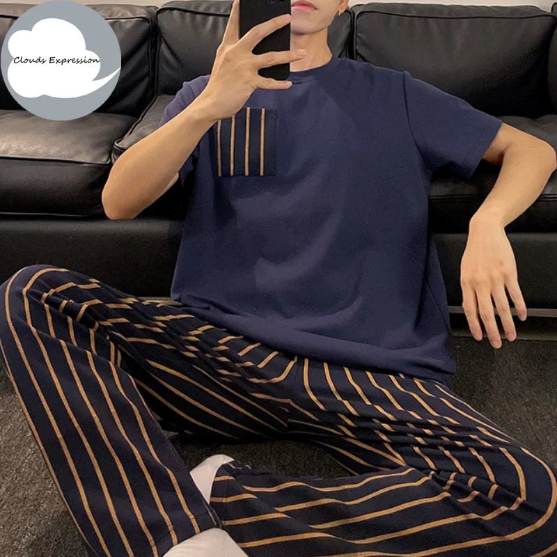 Summer Knitted Plaid Cool Mens Pyjamas Pajamas Casual Lounge Sets Sleepwear Nightwear 3XL