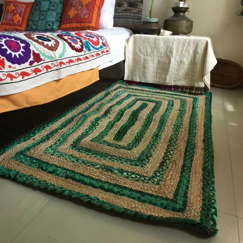 녹색 줄무늬 깔개 자연 황마 및 면화 바닥 매트 Handloom 꼰 스타일 직사각형 카펫 거실 지역 깔개