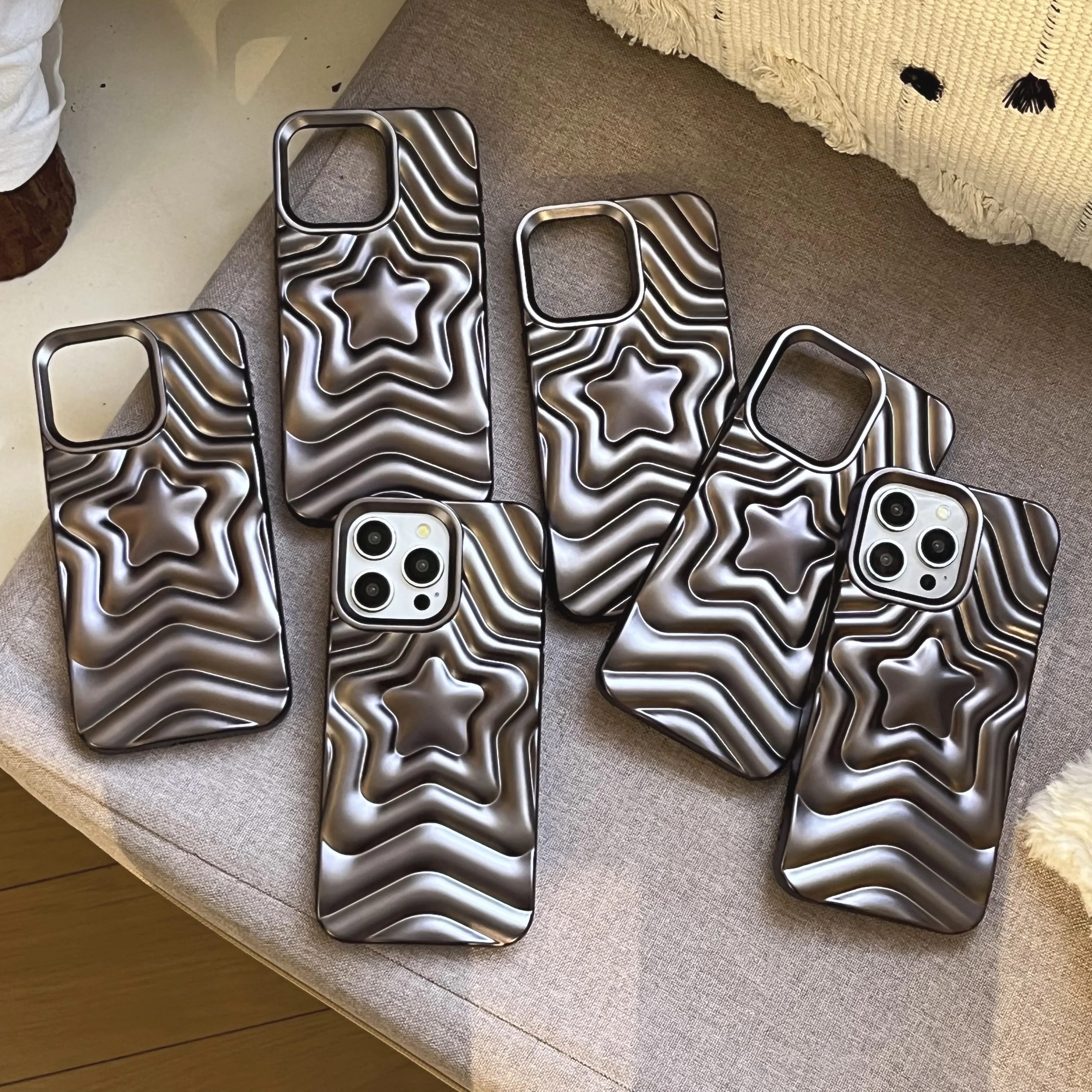 Gun Color Wave Pattern Shockproof Solid Phone Case with 3D Star Ripples Design