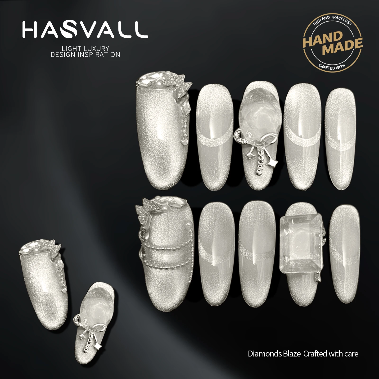 

HASVALL Press on Nails Glitter Cat Eyes Design Long Oval Luxury Handmade False Nail Tips with Rhinestones Salon Quality Nail Art