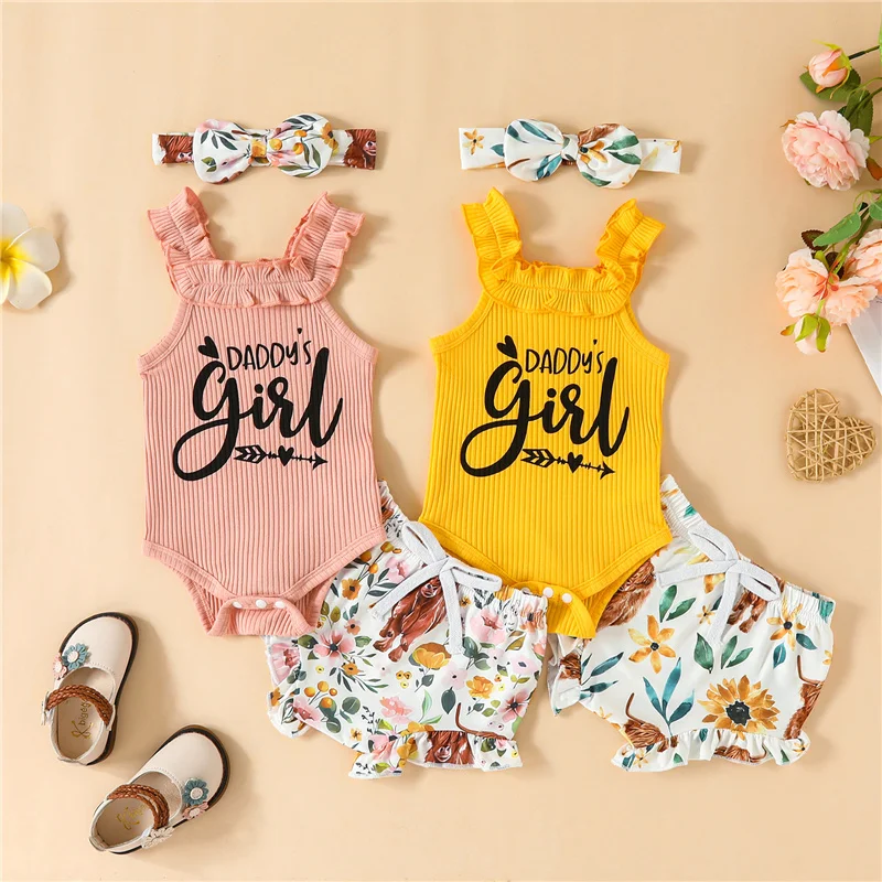 

Newborn Baby Girls 3Pcs Outfits, Sleeveless Ribbed Ruffled Romper + Cow Floral Print Pants + Headband Set 0-12Months