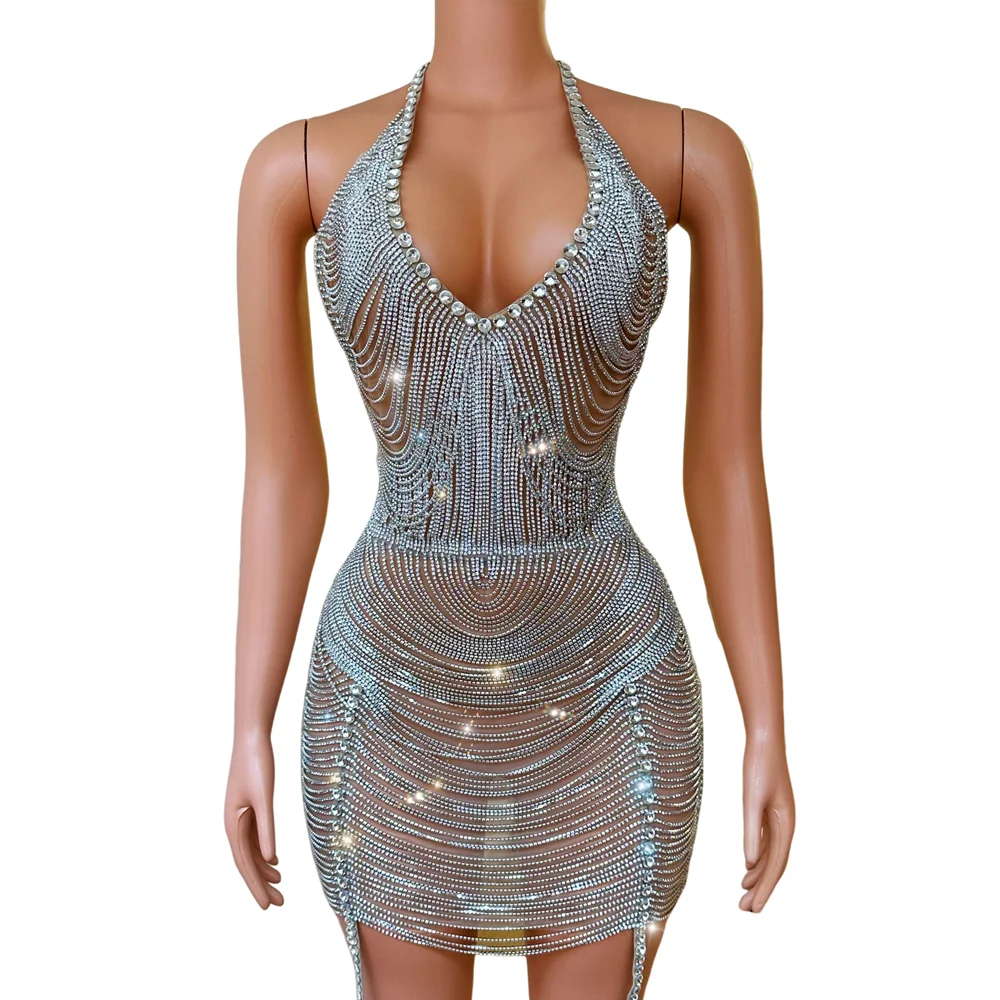 

Sparkly Rhinestones Chains V Neck Backless Short Dress Sexy Birthday Party Celebriate Costume Nightclub Outfit Show Stage Wear