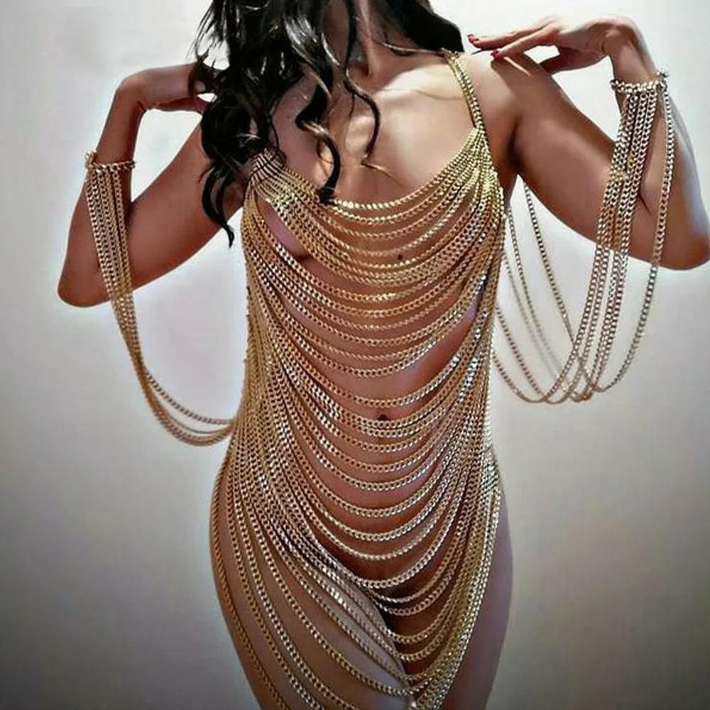 

Luxury Sexy Metal Tassel Body Chain Women's Shiny Spider Web Bikini Chest Bra Bodysuit Skirt Top Backless Dress Lingerie Jewelry