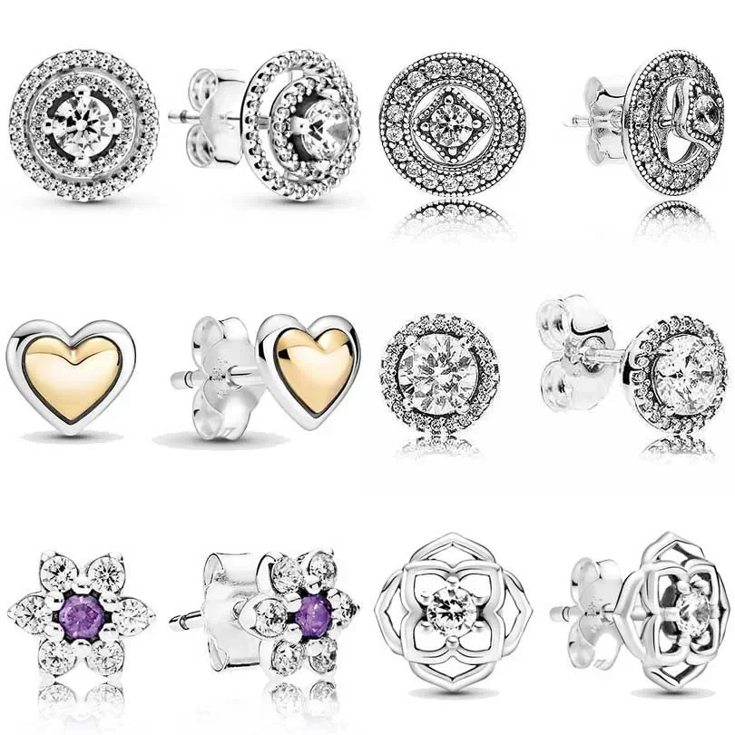 

925 Sterling Silver Earring Sparkling Double Halo Forget Me Not Domed Golden Heart Stud Earrings For Women Pandora DIY Jewelry