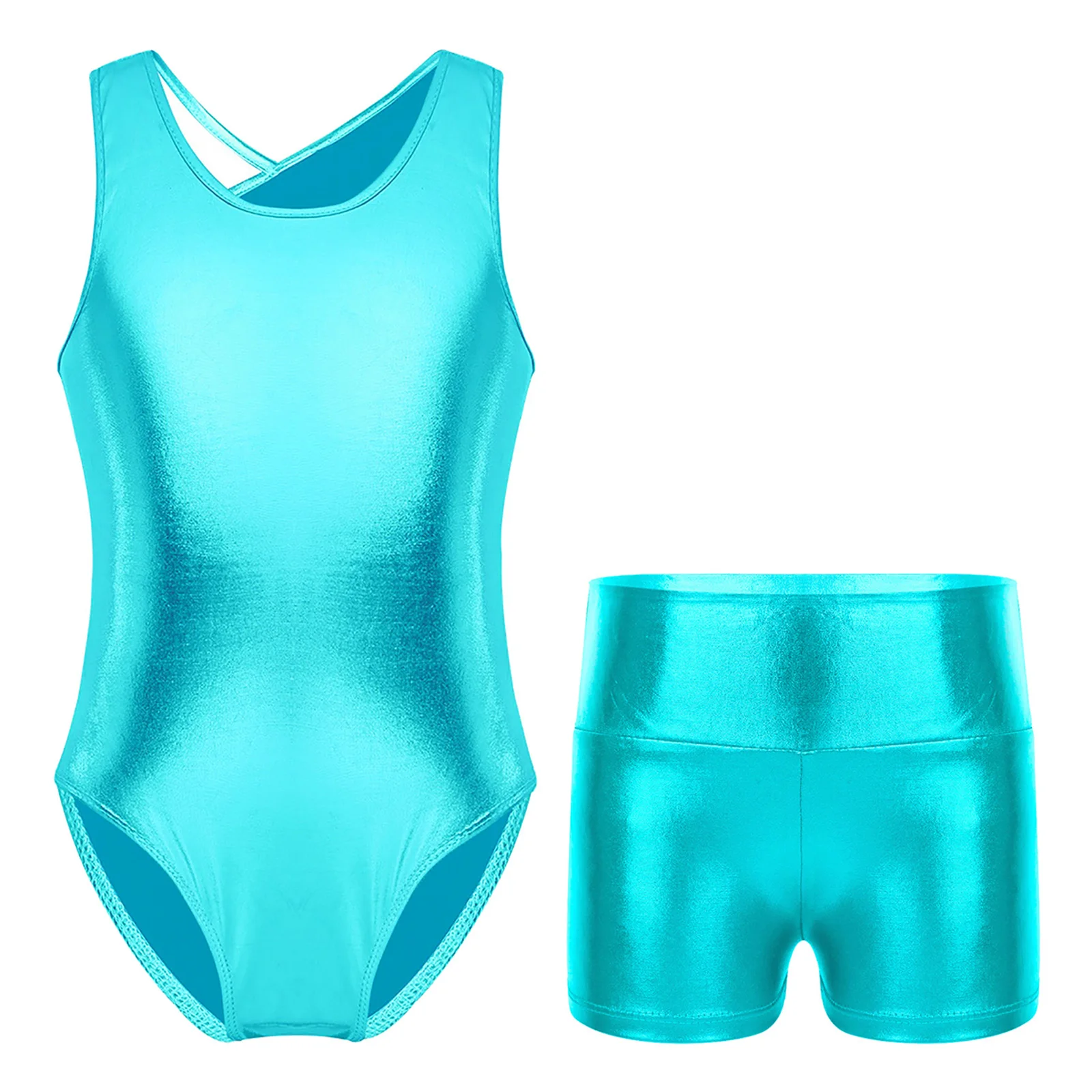 

Kids Girls Ballet Dance Gymnastics Leotard Jumpsuit Holographic Metallic Shiny Sleeveless Bodysuit+Shorts Swimwear Sportswear