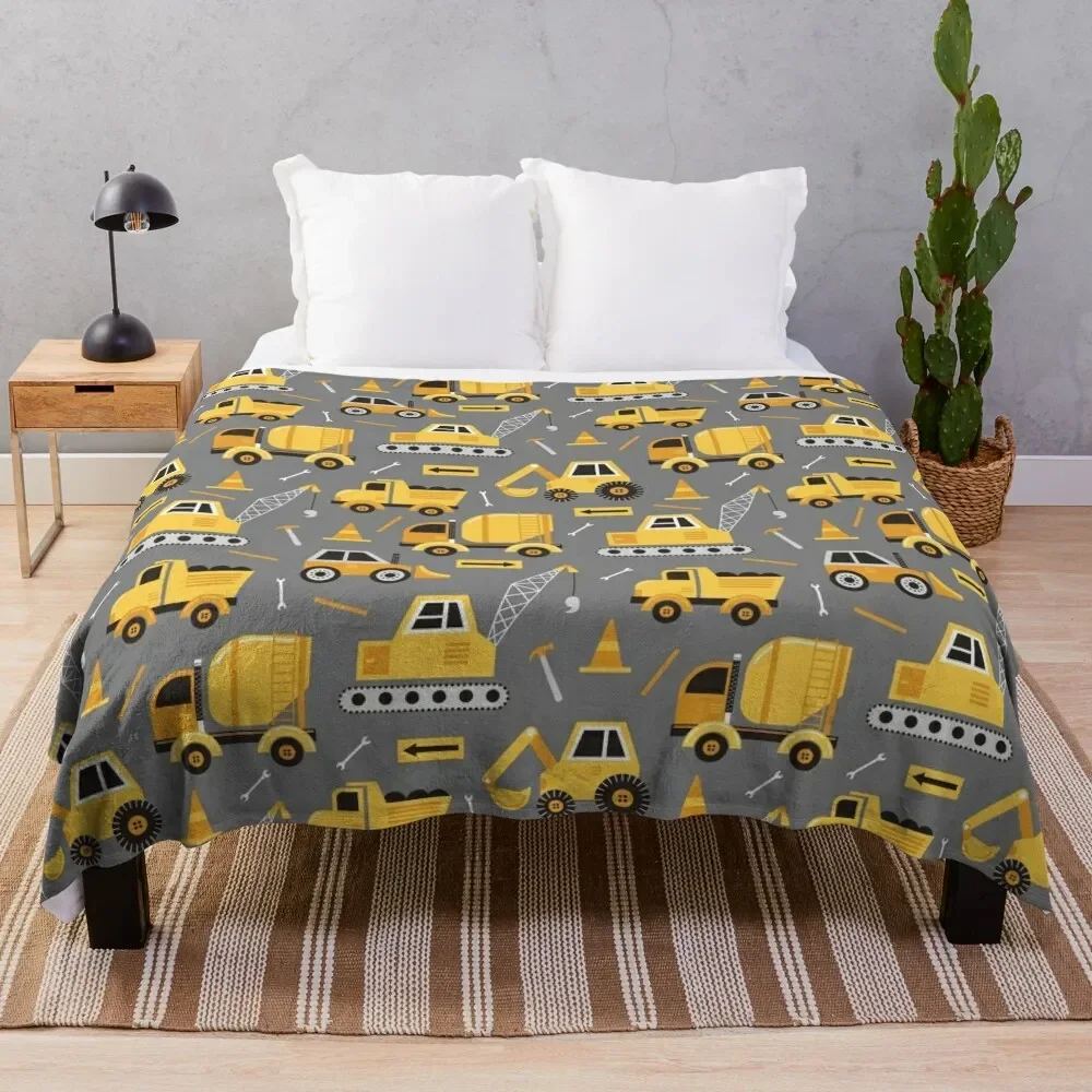 

Construction Trucks on Gray Throw Blanket Soft Plaid decorative Tourist Blankets