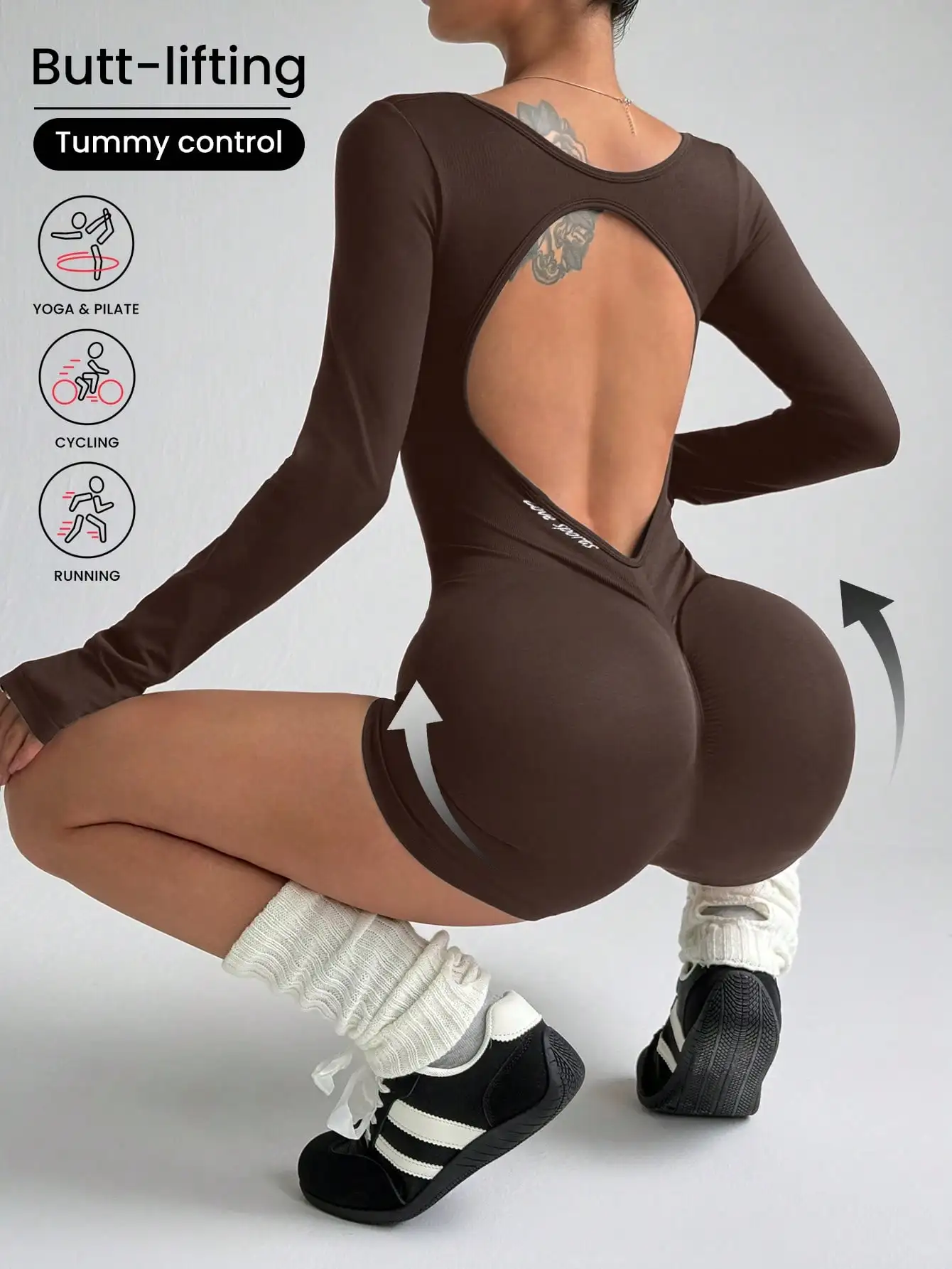 Einteiliger Yoga-Anzug mit langen Ärmeln, Shorts, quadratischem Ausschnitt, rückenfreiem und hüfthebendem Design für Outdoor-Sport und Fitness – Detail 15