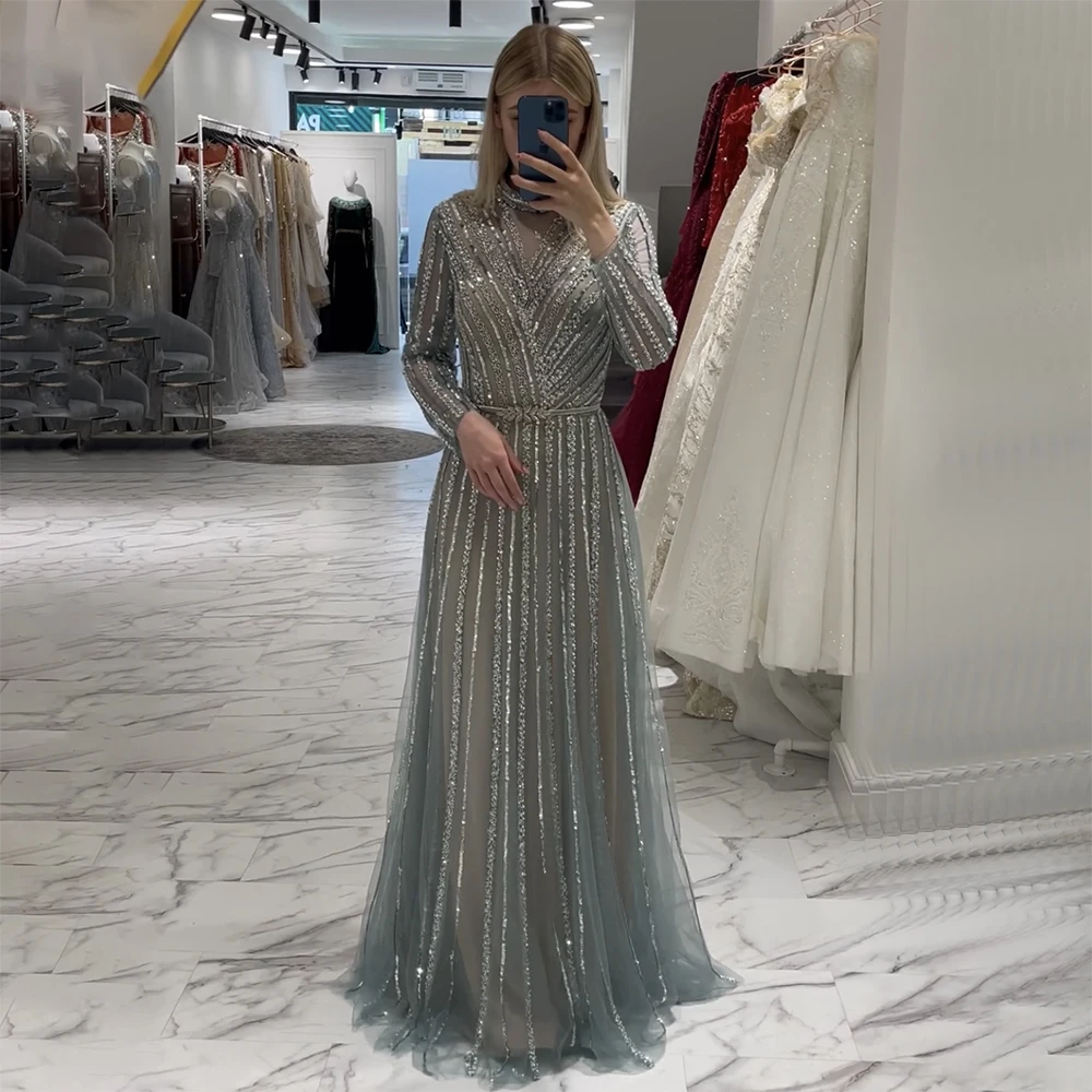 green emerald velvet dress Modest Muslim Women's Luxury Beaded Tulle Evening Dress main image 1