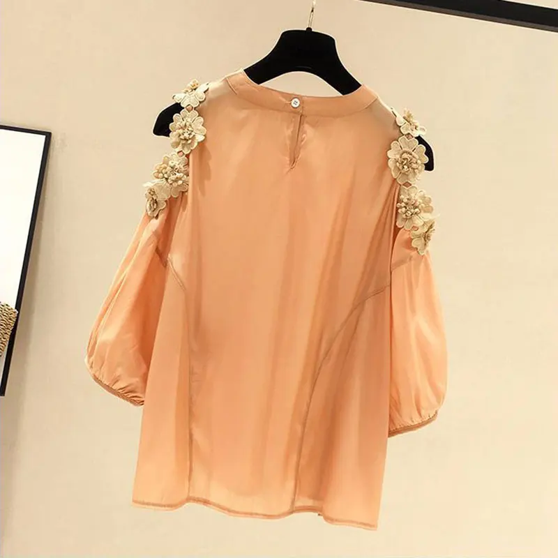 Orange Flower Three-dimensional Decoration Raglan Sleeve O-Neck Pullover Women's Blouse Shirt Female Clothing Tops Fashion 2024 2