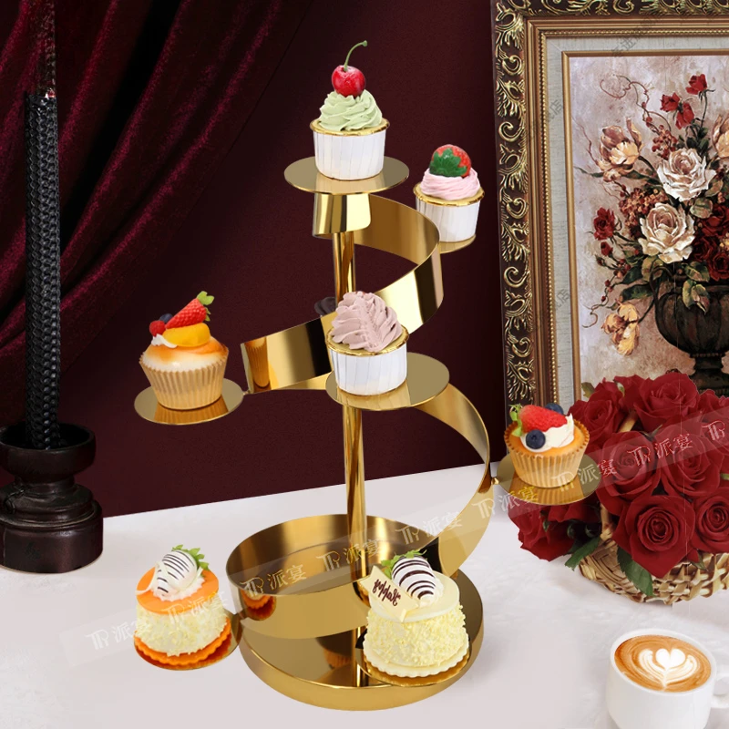 

Golden three-layer afternoon tea snack rack buffet hotel wedding banquet dessert table ornament display rack snack tray
