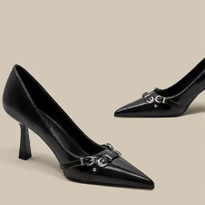 Luxury Brand Designer Women Sandals Fashion Pointed Toe Buckle Strap Metal High Heeled Kitten Heel Elegant Single Shoes Female 2