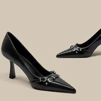 Luxury Brand Designer Women Sandals Fashion Pointed Toe Buckle Strap Metal High Heeled Kitten Heel Elegant Single Shoes Female 2