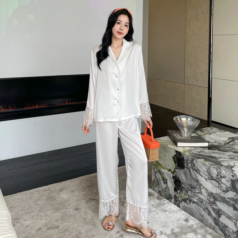 

Women's 2 Piece Pajamas Sets Lace Pijama Faux Silk Satin Pyjama Female Sleepwear Long Sleeve Lapel Shirt Pants Suits Homewear