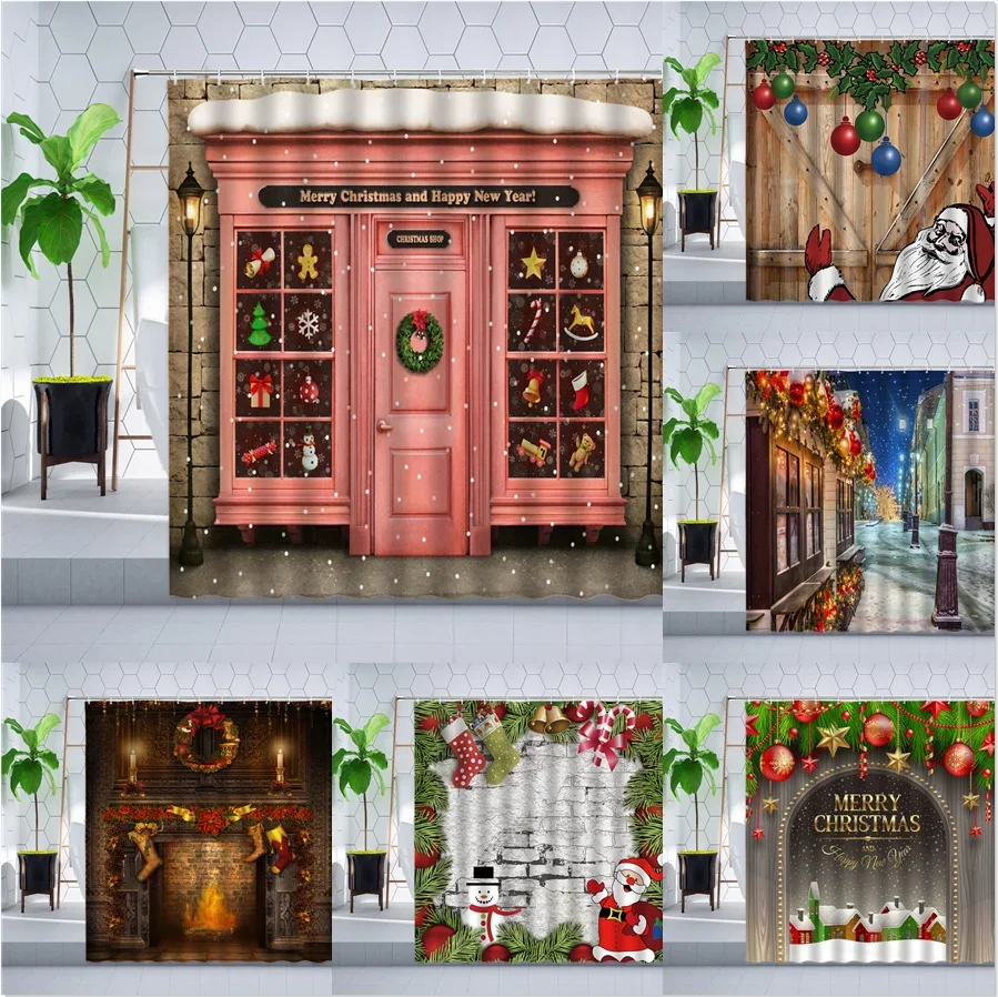 

Рождественская занавеска для душа, креативная ретро старая деревянная дверь, Санта-Клаус, Рождественский шар, Декор, Настенная ткань, занавески для ванной из полиэстера