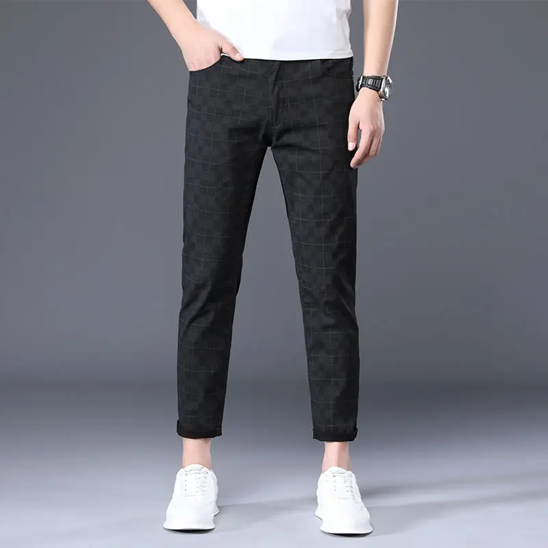 Fashion Trend Summer New Korean Cotton Straight Casual Pants Men's Printed Button Zipper Pocket Summer Plaid Breathable Trousers