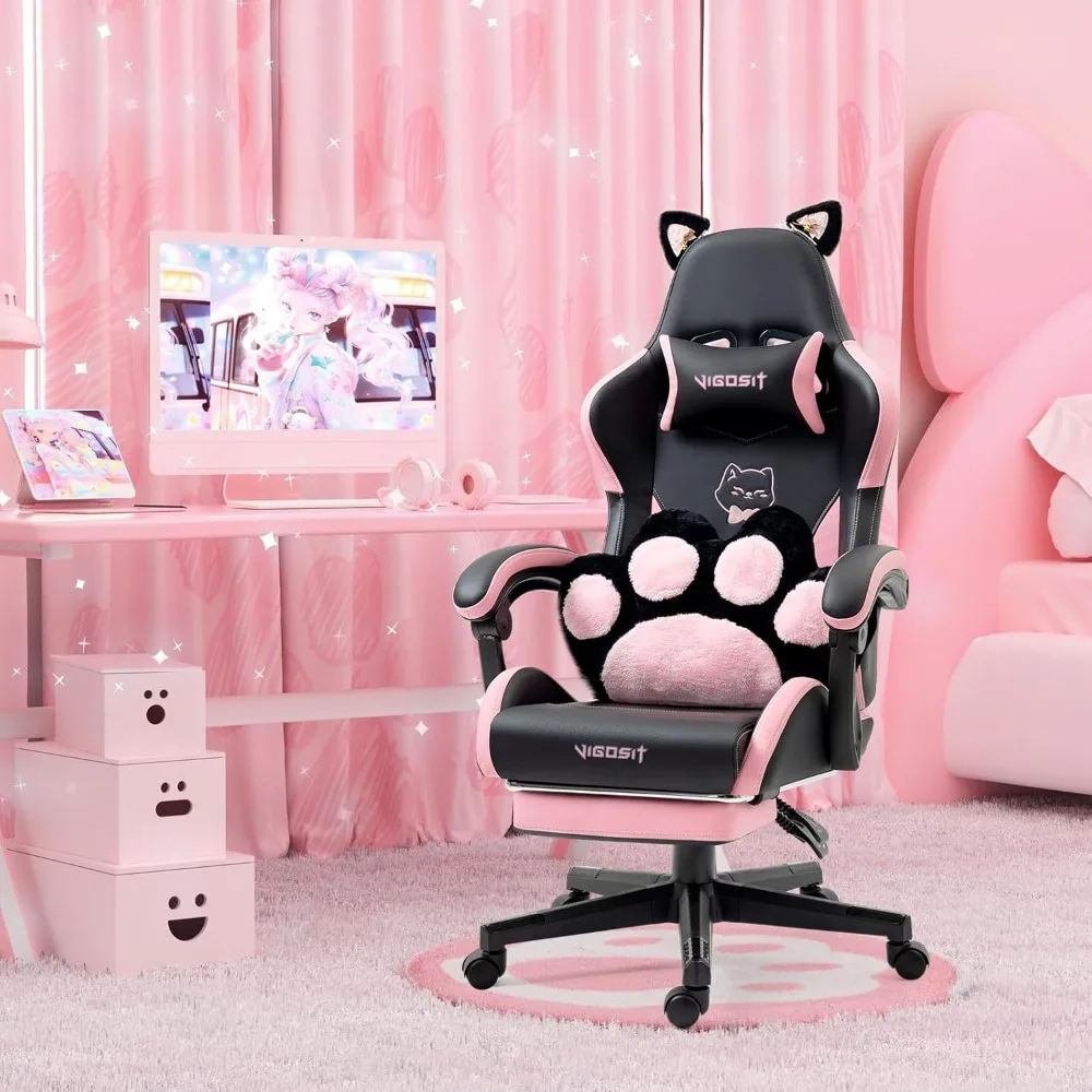 Cute Gaming Chair with Cat Paw Lumbar Cushion and Cat Ears, Ergonomic Computer Chair with Footrest, Reclining PC Game Chair for 5