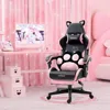 Cute Gaming Chair with Cat Paw Lumbar Cushion and Cat Ears, Ergonomic Computer Chair with Footrest, Reclining PC Game Chair for 5
