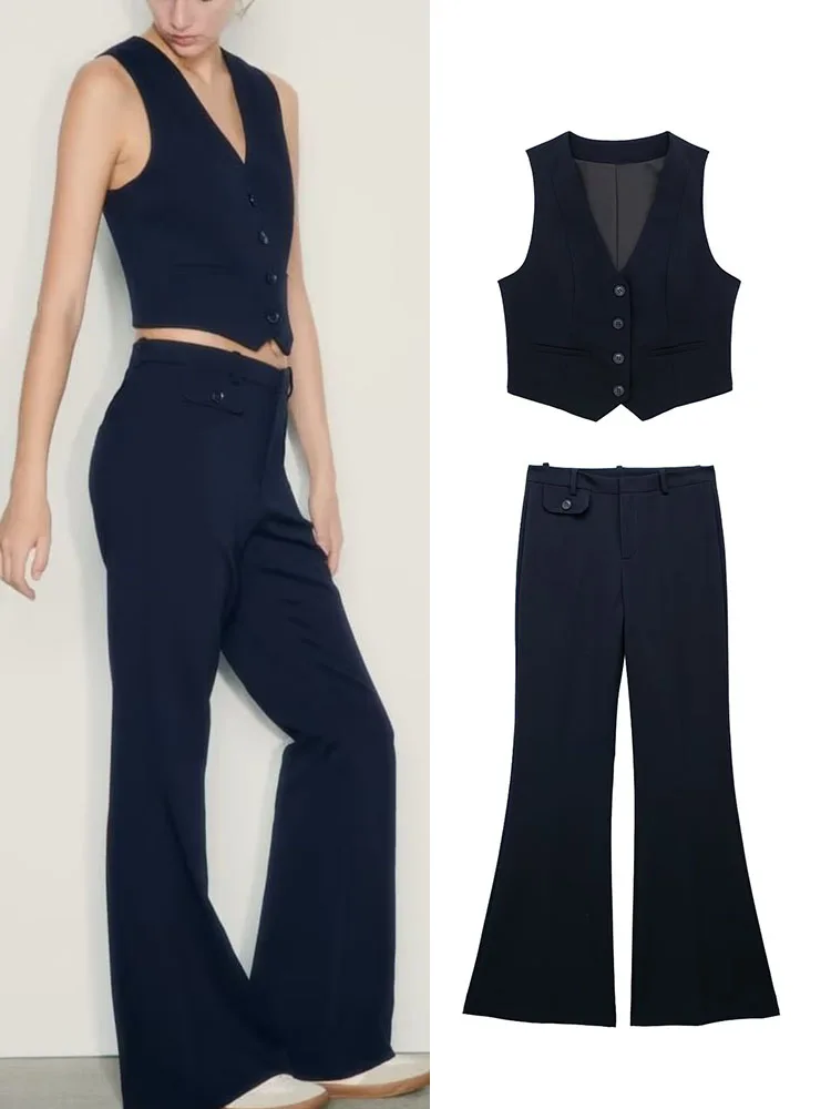 

TRAF 2023 Solid Vest Pant 2 pieces Suits for Women Elegant Classic Autumn Single Breasted Vest+Zipper Flare Pants Casual Sets
