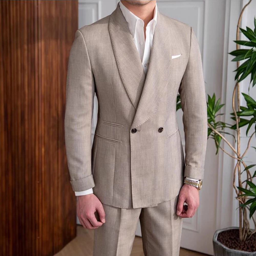 Summer New Men Suit Khaki Shawl Lapel Linen Male Suits Party Evening Dinner Formal Fashion Gentleman 2 Piece Blazer Pants