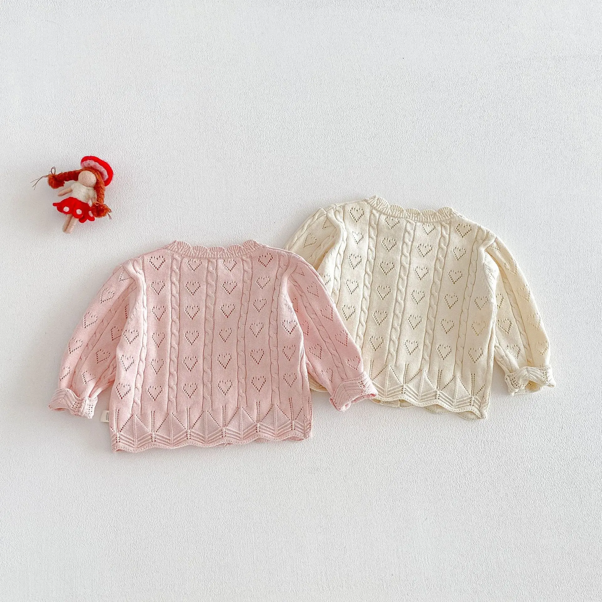 여아용 면 니트 가디건 0-5세 어린이 봄 버섯 자수 하트 패턴 스웨터 귀여운 여아 니트 상의